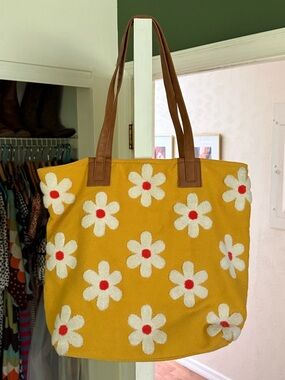 Yellow Daisy Tote Bag with Brown Handles